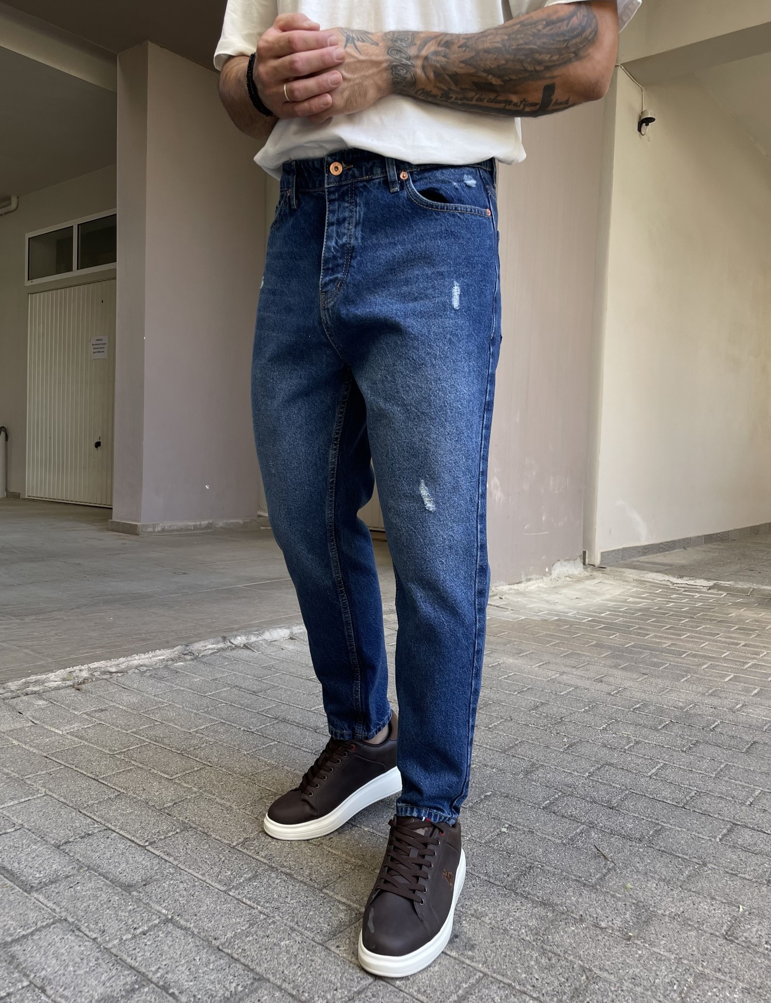 Ανδρικό μπλε ξεβαμμένο loose τζιν πεντάτσεπο με φθορές WE2987 φωτογραφία